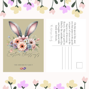 Cartão Postal De Festividades Páscoa Beige Floral Bunny Rabbit Ears Nome da Famí