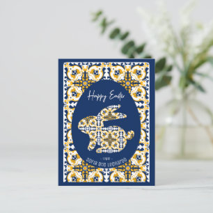 Cartão Postal De Festividades Páscoa 🐇 💙 💛 Belos Azulejos azuis e amarelos