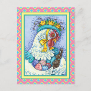 Cartão Postal De Festividades PÁSCOA BONNET E OVOS, PRIMAVERA CHICKEN Colorida