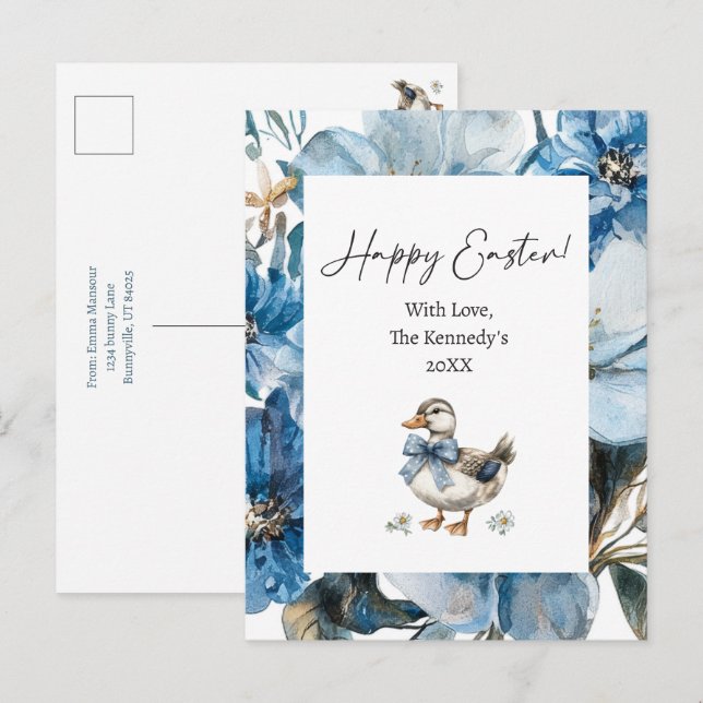 Cartão Postal De Festividades Páscoa de Pato Azul (Frente/Verso)
