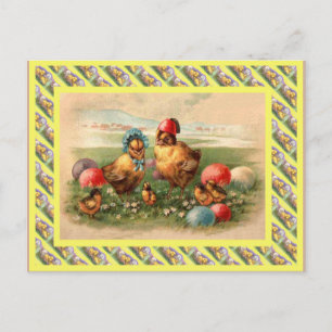 Cartão Postal De Festividades Páscoa de safra, 1930, Hen e pintinhos