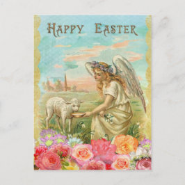 Cartão Postal De Festividades Páscoa do vintage. Anjo e cordeiro