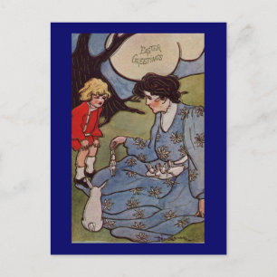 Cartão Postal De Festividades Páscoa impressionista Senhora com Bebês de Coelho
