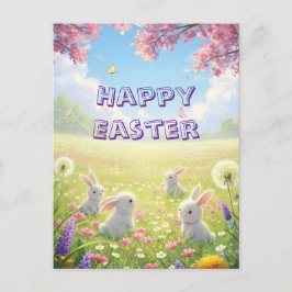 Cartão Postal De Festividades Páscoa Lavanda Coelhinho Branco Floral Primavera 