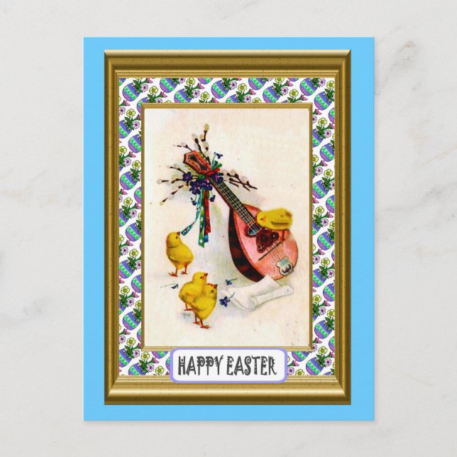 Cartão Postal De Festividades Páscoa - Mandolin e pintinhos de éster (Frente)