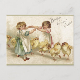Cartão Postal De Festividades Páscoa - Meninas bonitas com Cartão-Postal Pintinh