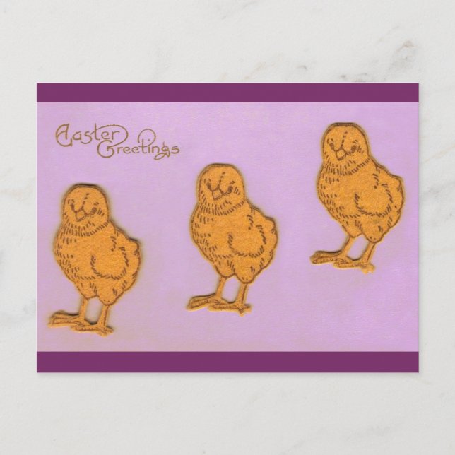 Cartão Postal De Festividades Páscoa Saudações Pintinhos Roxo (Frente)