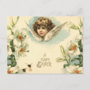 Cartão Postal De Festividades Páscoa Vintage, Anjo Vitoriano com Flores Lily