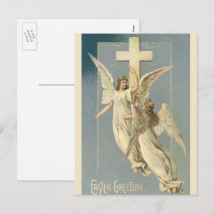 Cartão Postal De Festividades Páscoa Vintage, Anjos Vitorianos com Cruz