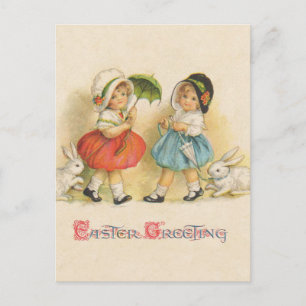Cartão Postal De Festividades Páscoa Vintage Crianças Coelhinhos Toucas Antigo
