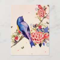 Pássaro Azul Dourado Flor Vermelha Borboleta Brilh