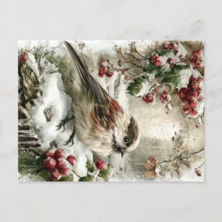 Cartão Postal De Festividades Pássaro chapim-de-cauda-longa na neve