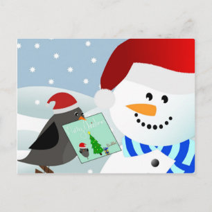 Cartão Postal De Festividades Pássaro dando cartão de natal ao boneco de neve
