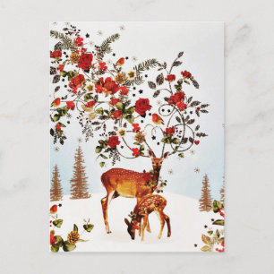 Cartão Postal De Festividades Pássaro de Amor de Inverno Árvore de Natal Aquarel