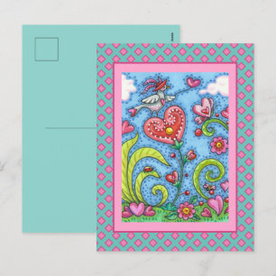 CARTÃO POSTAL DE FESTIVIDADES PÁSSARO DE ARTE DE FOLHA, NAMORADOS CORAÇÃO JAR