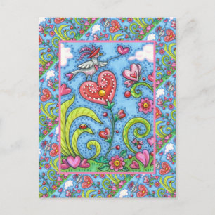 CARTÃO POSTAL DE FESTIVIDADES PÁSSARO DE ARTE DE FOLHAS, NAMORADOS CORAÇÃO JARDI