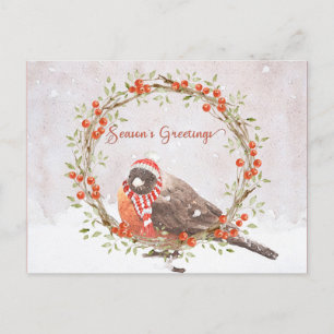 Cartão Postal De Festividades Pássaro de Natal Robin Watercolor Americano Bonito