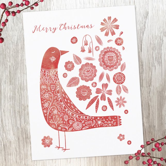 Cartão Postal De Festividades Pássaro escandinavo (Watercolor bird and flower red and white holiday card)