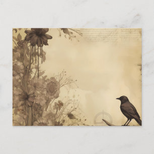 Cartão Postal De Festividades Pássaro Preto e Flores de Papel Antiquado
