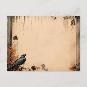 Cartão Postal De Festividades Pássaro Preto e Flores de Papel Antiquado