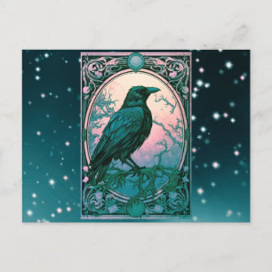 Cartão Postal De Festividades Pássaro Preto Rosa e Verde Celestial Halloween