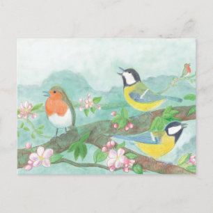 Cartão Postal De Festividades Pássaros cantando em um galho de árvore floresce