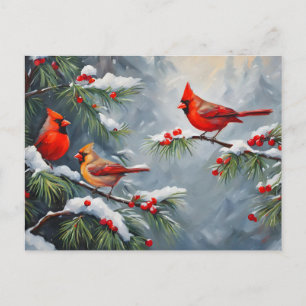 Cartão Postal De Festividades Pássaros Cardinals Vermelhos com Frutas Silvestres