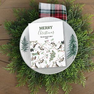 Cartão Postal De Festividades Pássaros-de-frango Berries e Pinecones Natal
