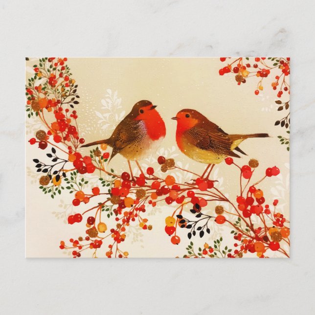 Cartão Postal De Festividades Pássaros de Inverno Dourado Vermelho Galhos de Aze (Frente)