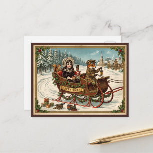 Cartão Postal De Festividades Passeio de Trenó de Raposa de Natal Vitoriano Anti