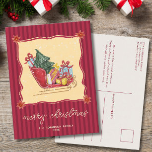 Cartão Postal De Festividades Passeio de Trenó Feliz Natal Listras Vermelhas Sem