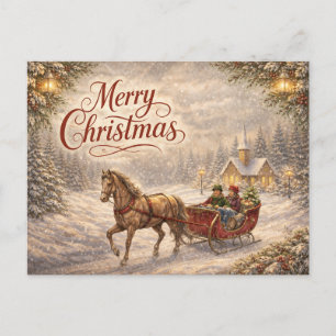 Cartão Postal De Festividades Passeio de Trenó Nevado Vintage Feliz Natal