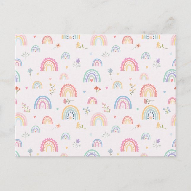 Cartão Postal De Festividades Pastel Rainbows Girly Wildflower & Hearts (Frente)