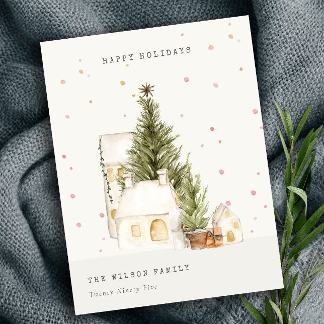Cartão Postal De Festividades Pastel White Snow Tree Casas de Terras de Neve Sau (Criador carregado)