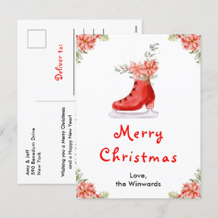 Cartão Postal De Festividades Patins de Gelo Florais Vermelho Feliz Natal