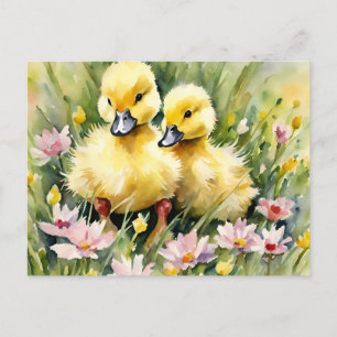 Cartão Postal De Festividades Patos de Aquarelas no Prado de Flores Selvagens