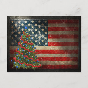 Cartão Postal De Festividades Patriotic American Flag and Christmas Tree