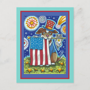 CARTÃO POSTAL DE FESTIVIDADES PATRIOTIC FLAG PET DOG CAT MOUSE, FUNNY CUTE