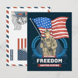 Cartão Postal De Festividades Patriotic Soldier Holding US Flag Postcard