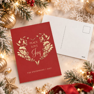 Cartão Postal De Festividades Paz Amor Alegria Natal Floral Vermelho Dourado