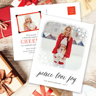 Cartão Postal De Festividades Paz Amor Joy Elegante Snowflakes Foto Chic Frame