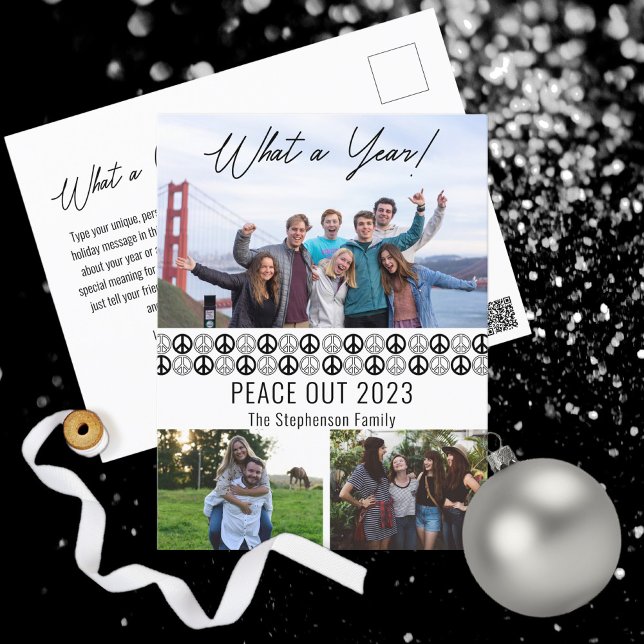 Cartão Postal De Festividades Paz De 2023 Que Colagem Fotográfica De 3 Anos - BW (Simple minimalist peace signs "Peace Out 2023" "What a Year!" black and white photo holiday postcard)