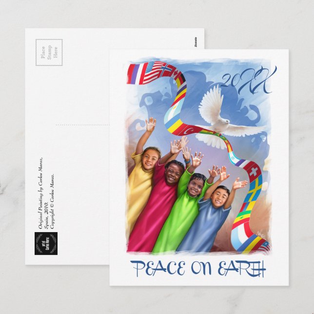 Cartão Postal De Festividades Paz na Terra. Crianças multiculturais personalizad (Frente/Verso)
