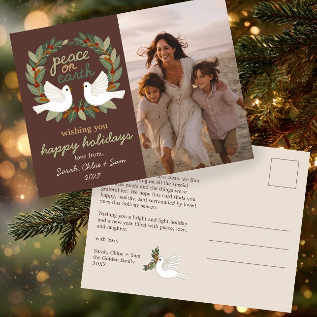 Cartão Postal De Festividades Paz na Terra Dói FOTO PERSONALIZADA DE Natal (Peace on Earth Doves Christmas CUSTOM PHOTO Holiday Postcard
)