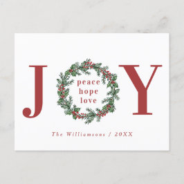 Cartão Postal De Festividades Peace Hope Love Joy Typographics Wreath