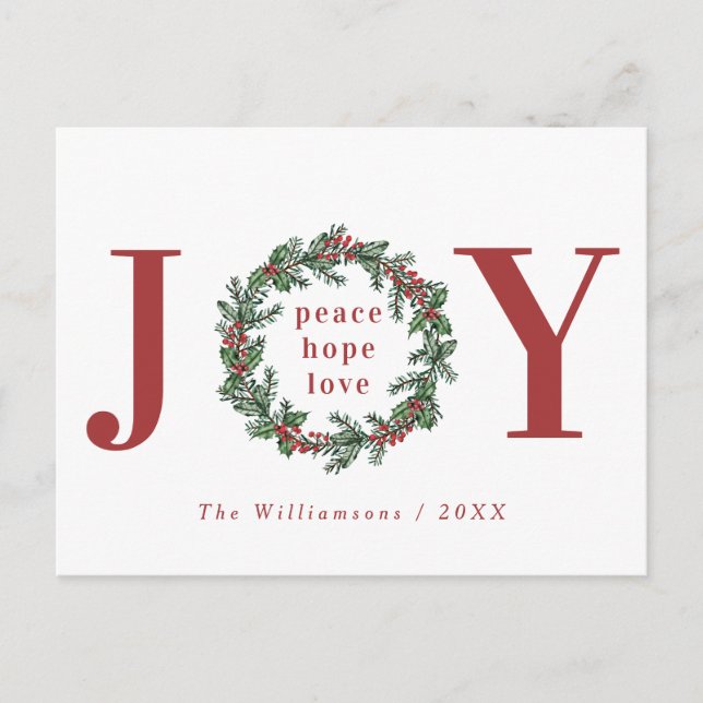 Cartão Postal De Festividades Peace Hope Love Joy Typographics Wreath (Frente)