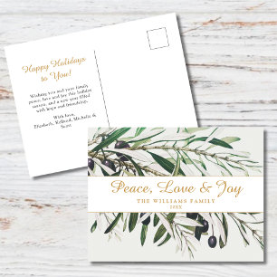 Cartão Postal De Festividades Peace Love and Joy Vintage Olive Branch