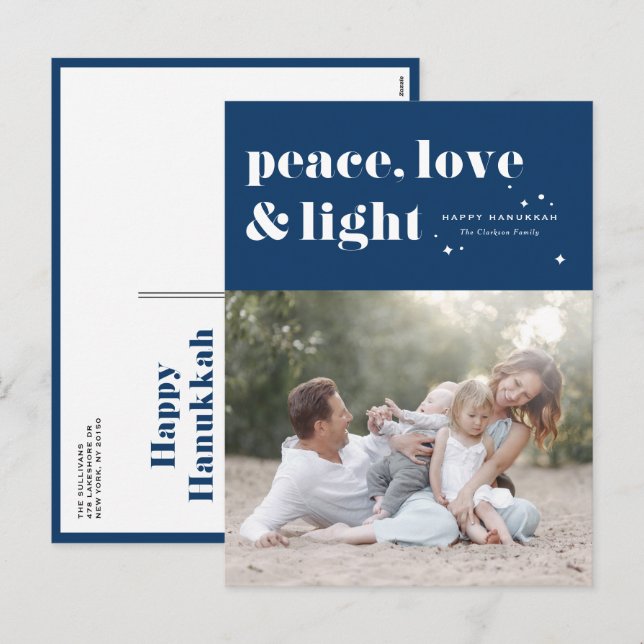 Cartão Postal De Festividades Peace Love and Light Marinho Blue Hanukkah Photo (Frente/Verso)