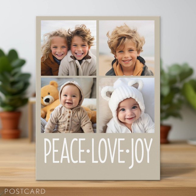 Cartão Postal De Festividades Peace Love Joy Taupe - 4 Photo Collage (Holiday Photo Postcard)
