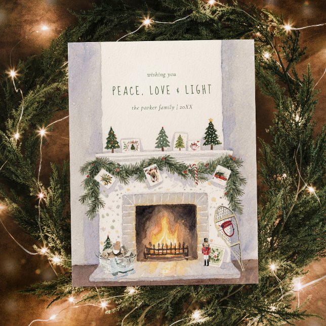 Cartão Postal De Festividades Peace, Love & Light | Christmas Fireplace Photo (Criador carregado)